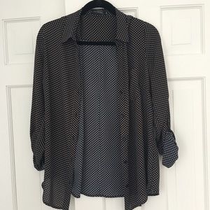 Navy and cream polka dot blouse